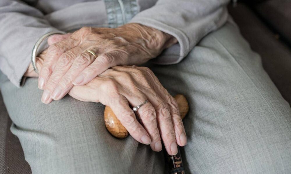 Close-up of elderly hands resting on the lap, one wearing a ring, holding a wooden cane handle nearby