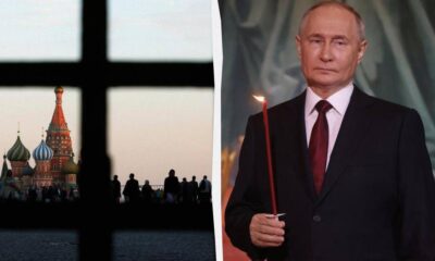 Split image: silhouettes near St. Basil's Cathedral visible through a window on the left, and Vladimir Putin in a suit holding a lit candle on the right.