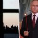 Split image: silhouettes near St. Basil's Cathedral visible through a window on the left, and Vladimir Putin in a suit holding a lit candle on the right.