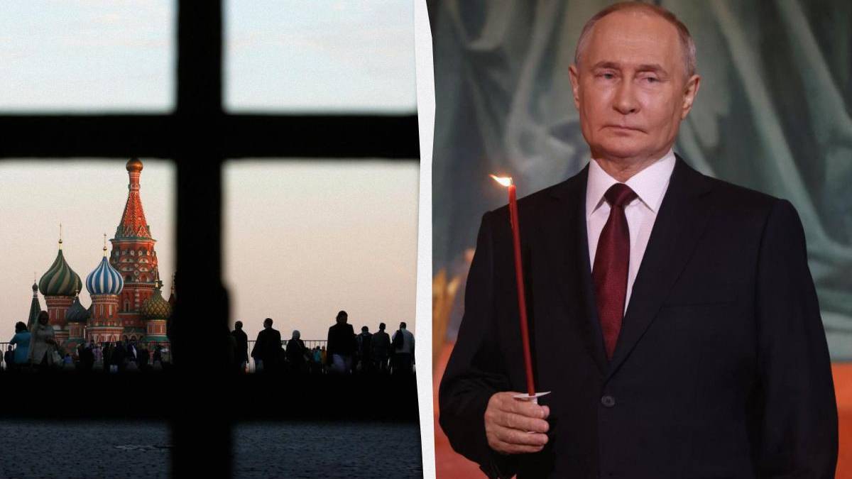 Split image: silhouettes near St. Basil's Cathedral visible through a window on the left, and Vladimir Putin in a suit holding a lit candle on the right.