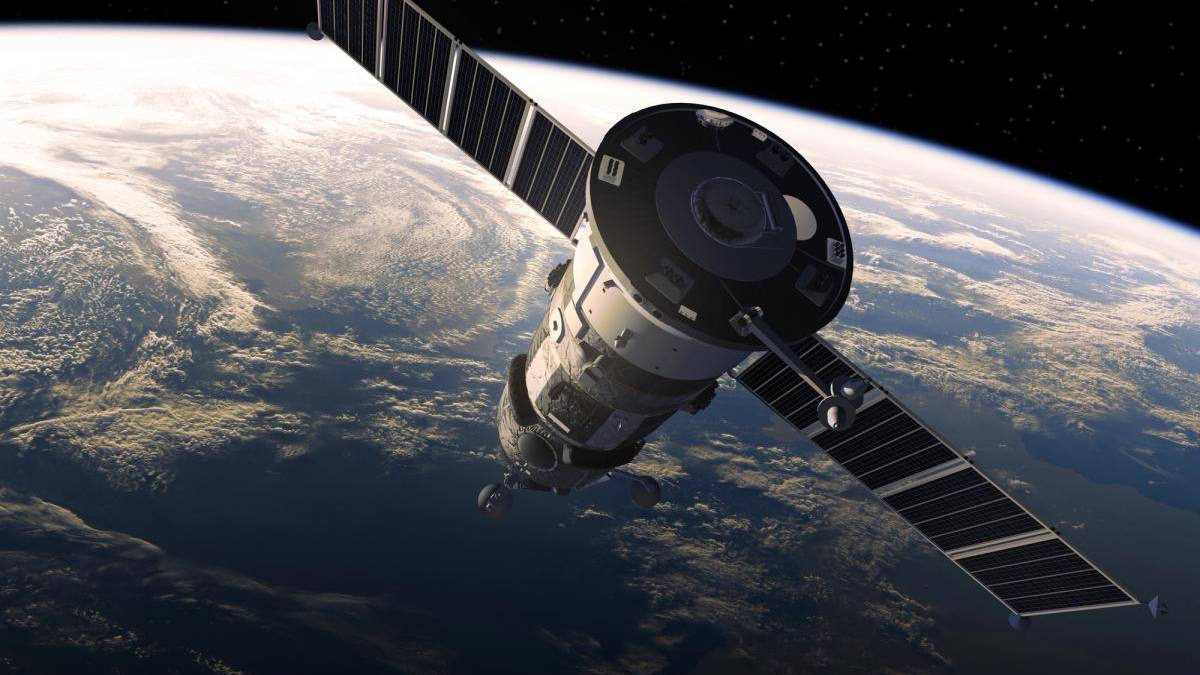 Satellite in orbit around Earth with extended solar panels above the planet's curvature and dark space background.