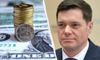Split image: a stack of coins and a ruble coin atop banknotes on the left, and a man in a dark suit on the right.