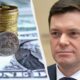 Split image: a stack of coins and a ruble coin atop banknotes on the left, and a man in a dark suit on the right.