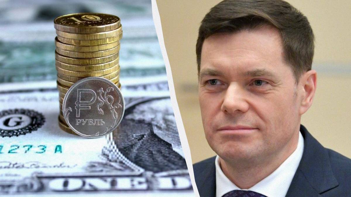 Split image: a stack of coins and a ruble coin atop banknotes on the left, and a man in a dark suit on the right.