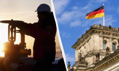Silhouette of a helmeted worker operating a mounted weapon at sunset, paired with a historic building and the German flag on the right.
