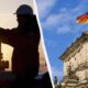 Silhouette of a helmeted worker operating a mounted weapon at sunset, paired with a historic building and the German flag on the right.