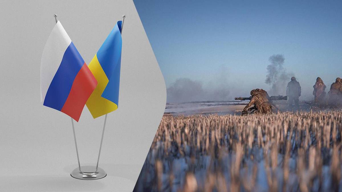 Two national flags, Russia and Ukraine, mounted on a stand, with a distant battlefield scene on the right showing soldiers in a smoky field.