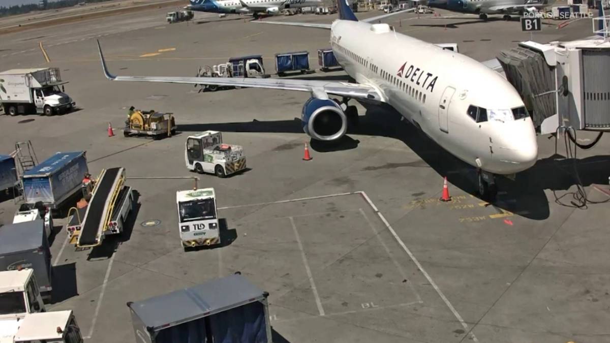 Delta Air Lines passenger jet docked at gate with jet bridge connected and ground support vehicles around it on the tarmac