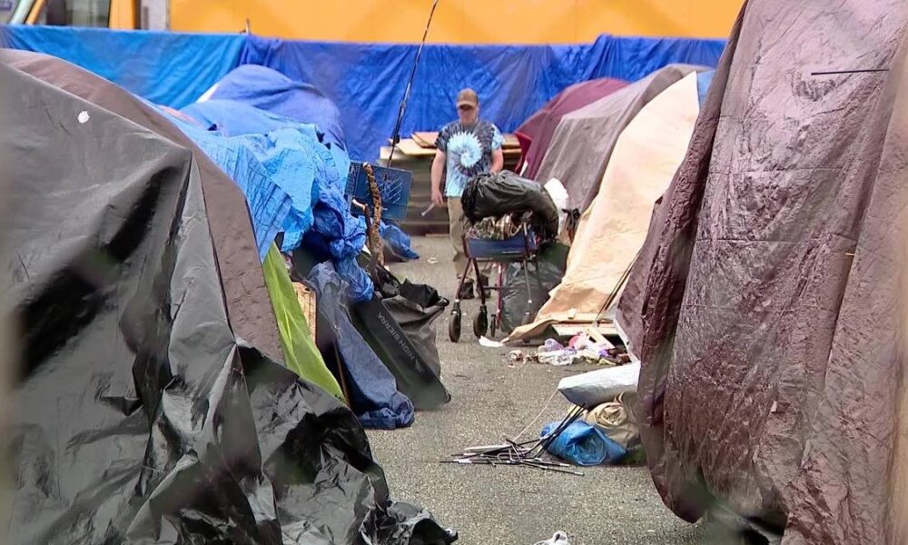 Row of tents and blue tarps forming a makeshift campsite, with scattered belongings on the ground and a person standing in the distance near a cart or stroller.