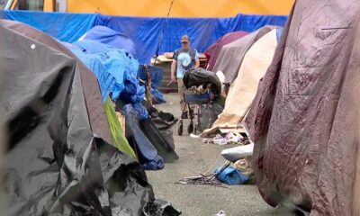 Row of tents and blue tarps forming a makeshift campsite, with scattered belongings on the ground and a person standing in the distance near a cart or stroller.