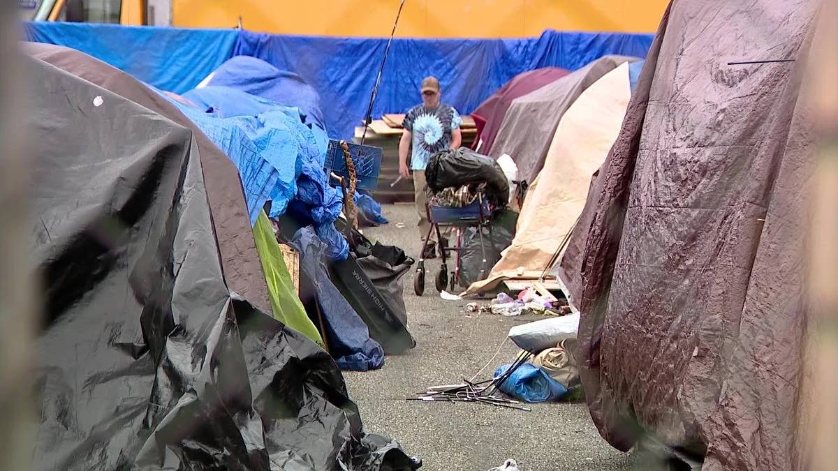 Row of tents and blue tarps forming a makeshift campsite, with scattered belongings on the ground and a person standing in the distance near a cart or stroller.