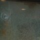 Close-up of a glass door with a circular impact point and radiating cracks in the pane.
