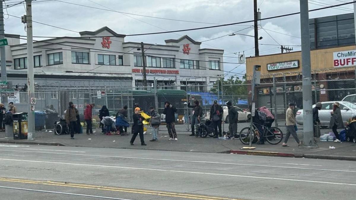 Line of people with carts and bags along a chain-link fence by a busy street, in front of a shopping center.
