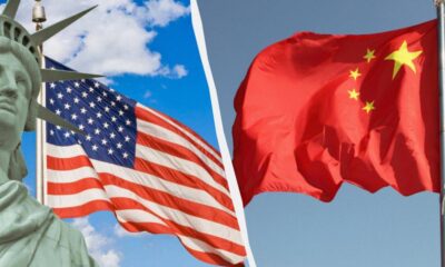 Split image showing the Statue of Liberty and the American flag on the left, and the Chinese flag on the right, separated by a white divider, suggesting US–China contrast.