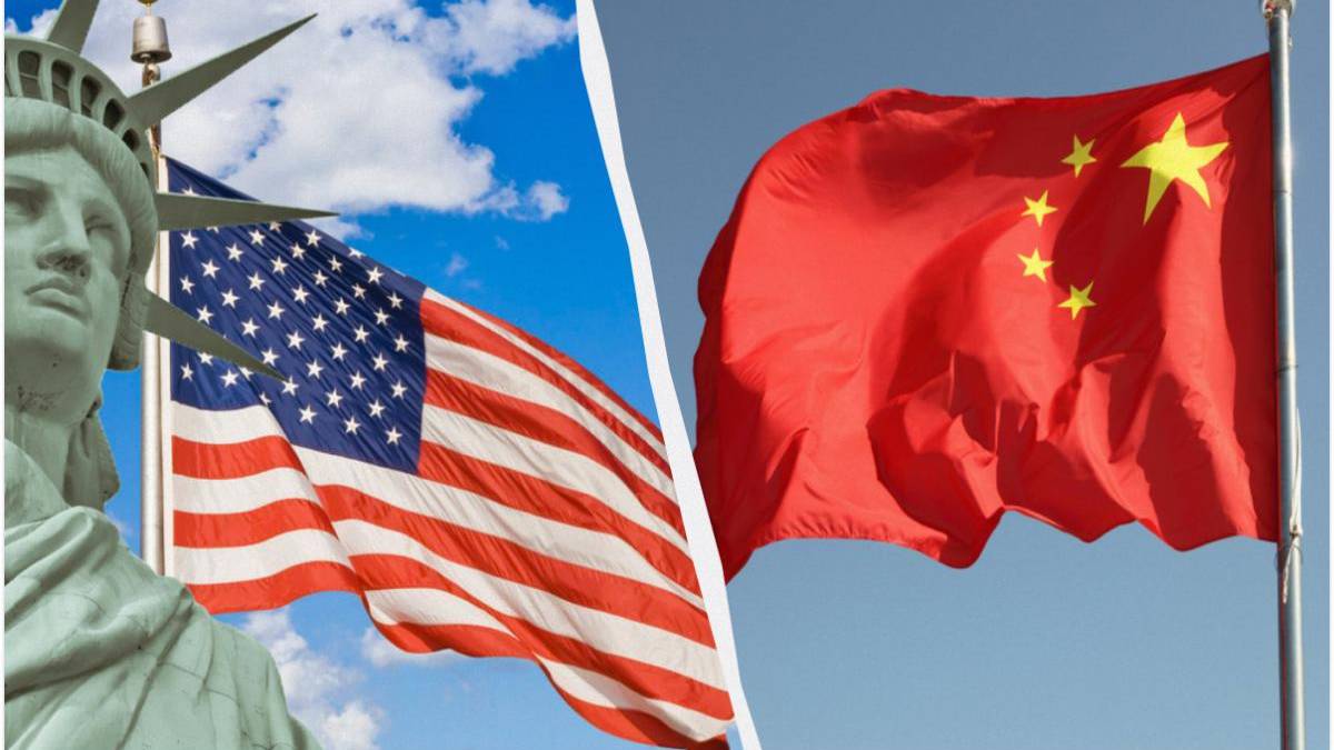 Split image showing the Statue of Liberty and the American flag on the left, and the Chinese flag on the right, separated by a white divider, suggesting US–China contrast.