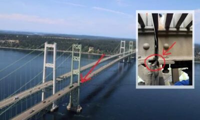Suspension bridge over water with red arrows marking a damaged section of the deck; inset shows a close-up of the cracked joint in the structure.