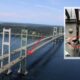 Suspension bridge over water with red arrows marking a damaged section of the deck; inset shows a close-up of the cracked joint in the structure.
