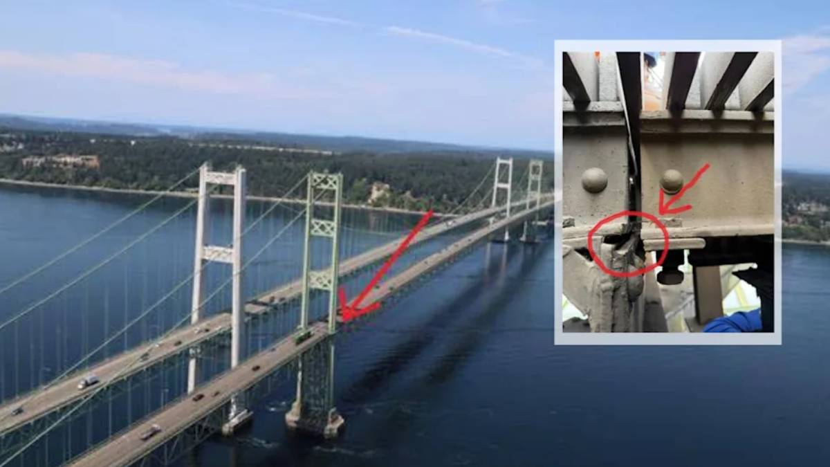 Suspension bridge over water with red arrows marking a damaged section of the deck; inset shows a close-up of the cracked joint in the structure.