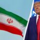 Split image: Iranian flag on the left and former U.S. president Donald Trump on the right, divided by a diagonal line.