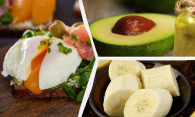 Collage of breakfast items: avocado half, banana slices, and poached eggs on toast with greens.