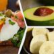 Collage of breakfast items: avocado half, banana slices, and poached eggs on toast with greens.