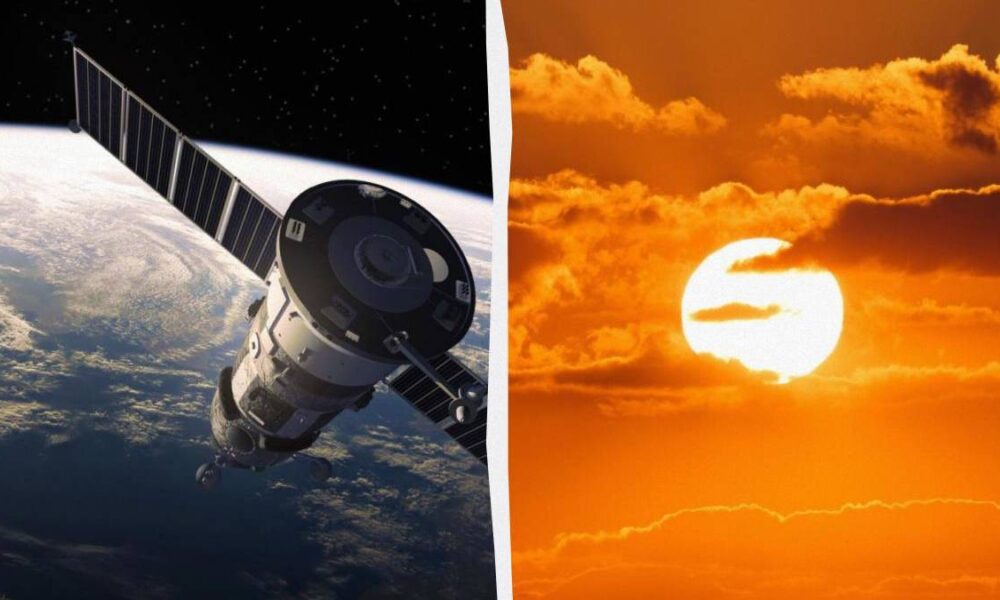 Satellite in orbit above Earth on the left, and a bright orange sunset on the right.