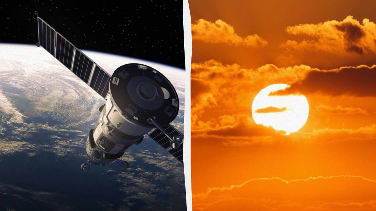 Satellite in orbit above Earth on the left, and a bright orange sunset on the right.