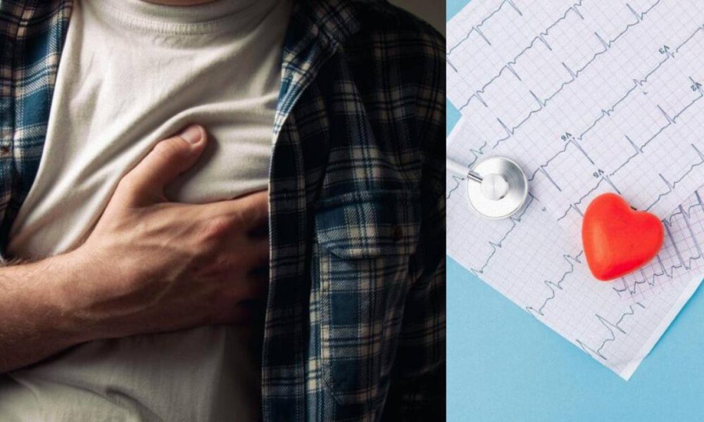 Man clutching his chest in apparent chest pain, with an ECG readout and stethoscope on the side.