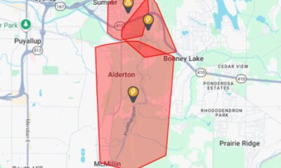 Map with red outlined outage zones centered on Alderton and extending toward Bonney Lake and McMullen, with lightning icons indicating outages.