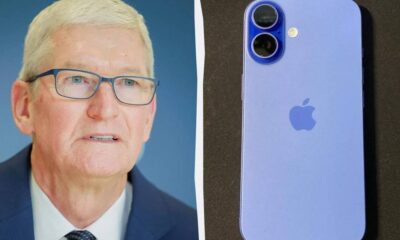 Split image: an older man in a suit on the left and a purple iPhone on the right.