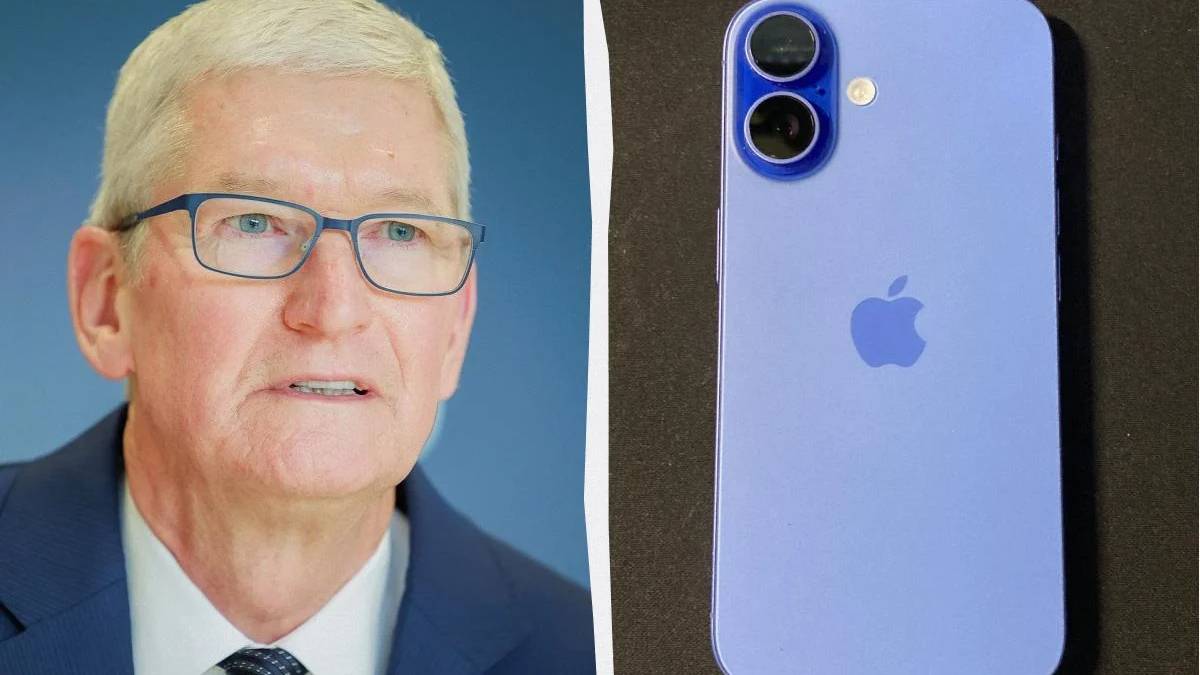Split image: an older man in a suit on the left and a purple iPhone on the right.