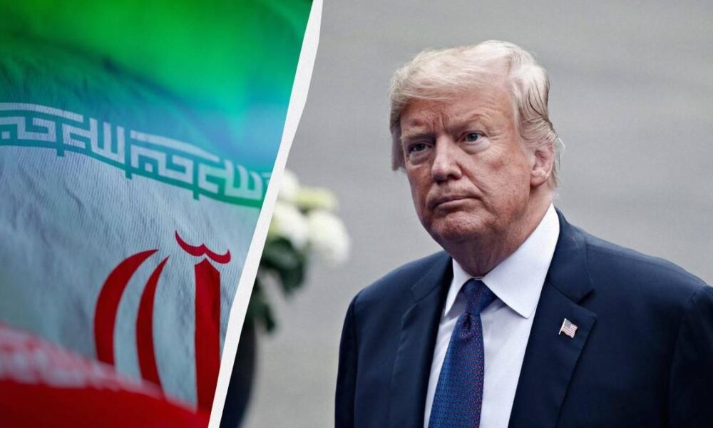 Donald Trump in a suit on the right, with a diagonal split showing the Iranian flag on the left.