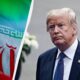 Donald Trump in a suit on the right, with a diagonal split showing the Iranian flag on the left.
