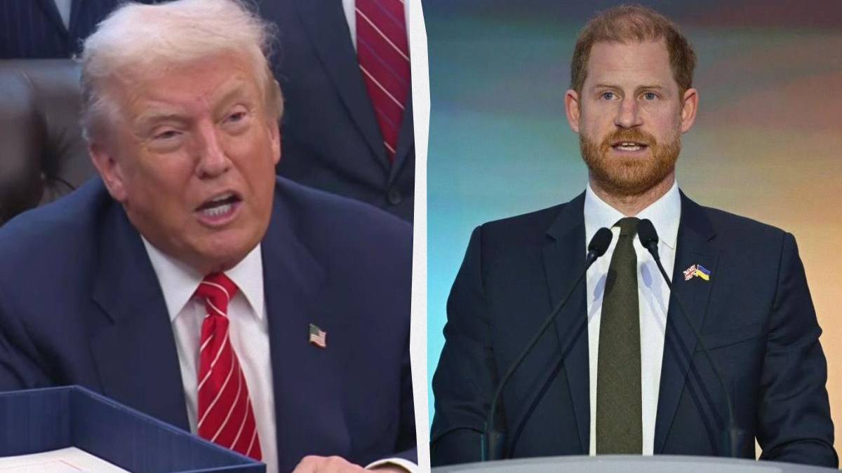 Split photo of Donald Trump on the left speaking at a desk, and Prince Harry at a podium on the right.