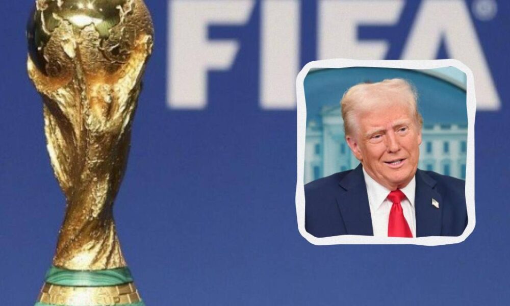 Gold FIFA World Cup trophy on the left with a white-framed photo of Donald Trump on the right against a blue background.