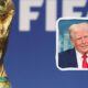 Gold FIFA World Cup trophy on the left with a white-framed photo of Donald Trump on the right against a blue background.