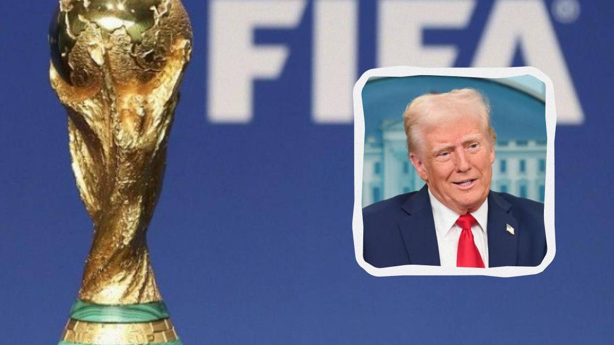 Gold FIFA World Cup trophy on the left with a white-framed photo of Donald Trump on the right against a blue background.
