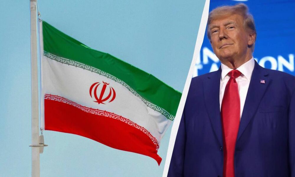 Iranian flag waving on the left, split with a man in a dark suit and red tie on the right against a blue backdrop; diagonal divider between scenes.