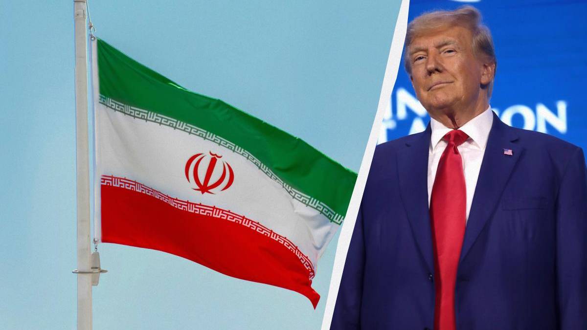 Iranian flag waving on the left, split with a man in a dark suit and red tie on the right against a blue backdrop; diagonal divider between scenes.