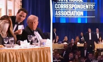 Two-panel view from a formal dinner: left shows a man in a tuxedo leaning toward guests at a table with former President Donald Trump seated nearby; right shows a stage with the White House Correspondents' Association banner and formally dressed people standing at a head table.
