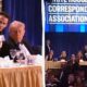 Two-panel view from a formal dinner: left shows a man in a tuxedo leaning toward guests at a table with former President Donald Trump seated nearby; right shows a stage with the White House Correspondents' Association banner and formally dressed people standing at a head table.