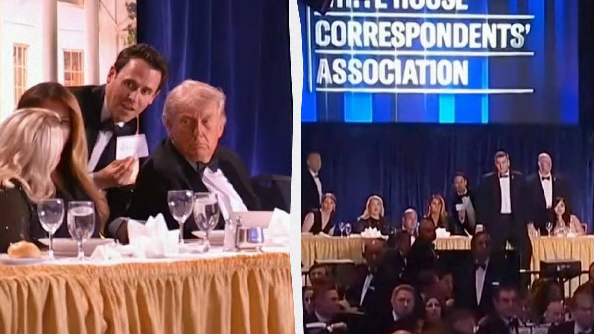Two-panel view from a formal dinner: left shows a man in a tuxedo leaning toward guests at a table with former President Donald Trump seated nearby; right shows a stage with the White House Correspondents' Association banner and formally dressed people standing at a head table.