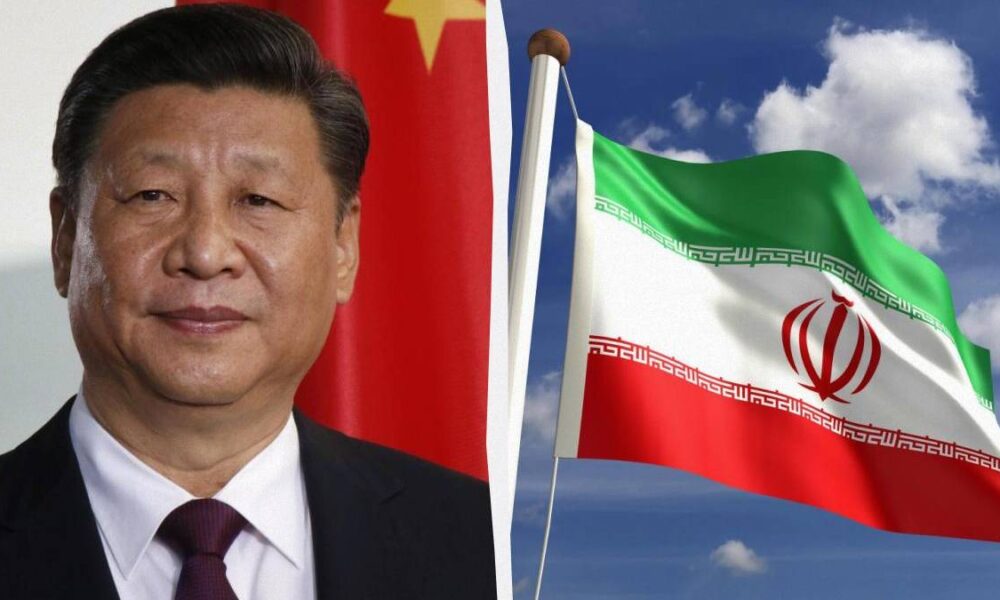 Portrait of Xi Jinping on the left with a Chinese flag behind him, and the Iran flag waving on the right against a blue sky.