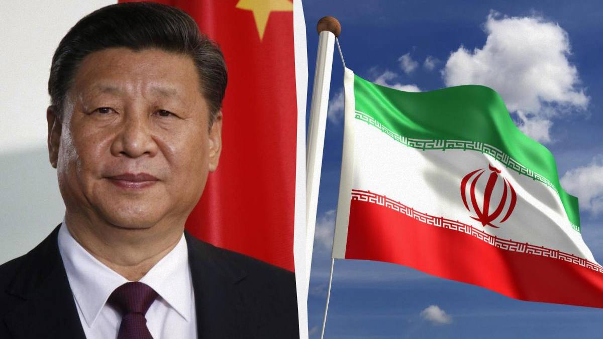 Portrait of Xi Jinping on the left with a Chinese flag behind him, and the Iran flag waving on the right against a blue sky.
