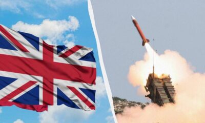 Split image: Union Jack flag on the left and a missile launch from a mobile launcher on the right.