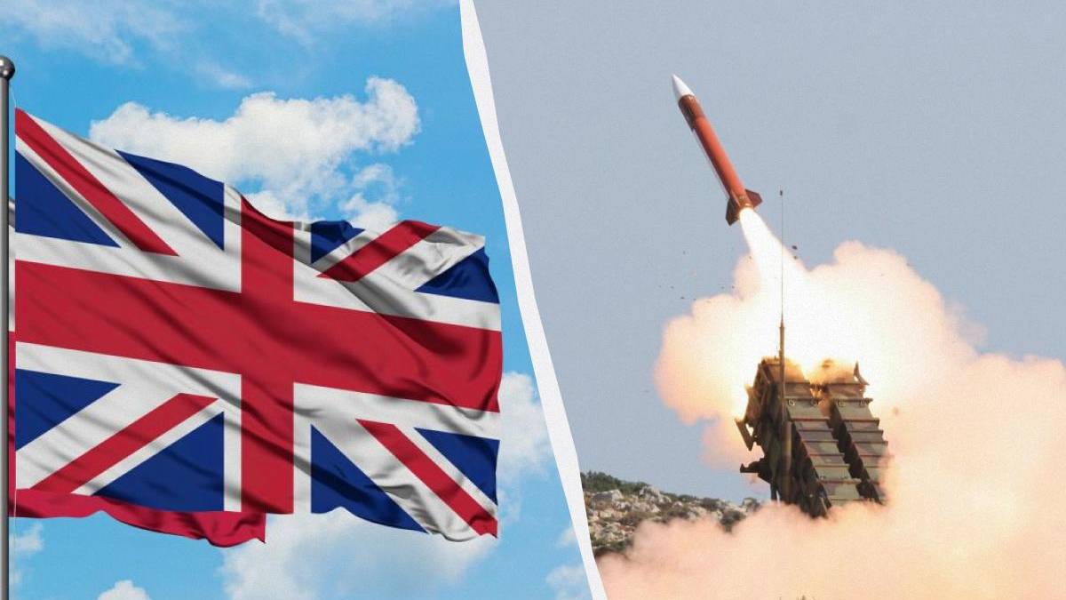 Split image: Union Jack flag on the left and a missile launch from a mobile launcher on the right.