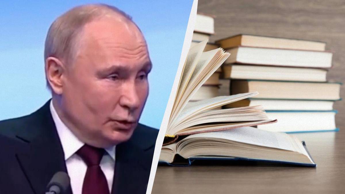 Split image showing Vladimir Putin speaking into a microphone on the left and a desk with stacked books on the right.