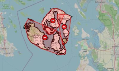 Map of a coastal archipelago with red polygon boundaries enclosing zones labeled 4K, 1K, and 9K.