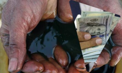 Close-up of hands cupping cloudy water, with a fan of hundred-dollar bills tucked into a triangular overlay.
