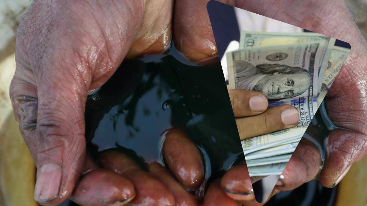 Close-up of hands cupping cloudy water, with a fan of hundred-dollar bills tucked into a triangular overlay.
